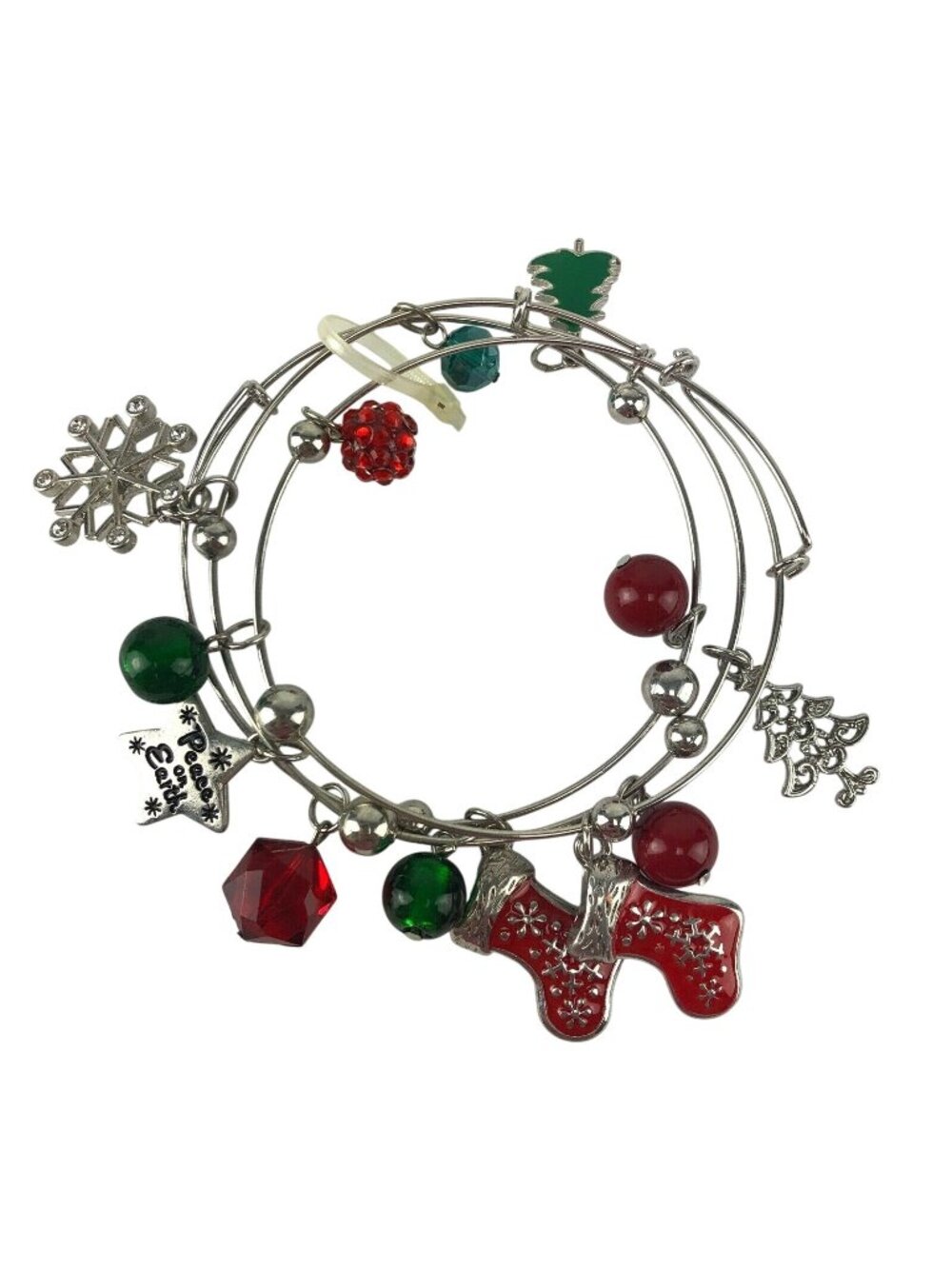 Christmas Gift Charm Bracelet Silver-tone Bangle Red Green Beads Happy Holidays